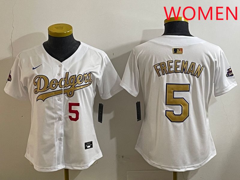 Women Los Angeles Dodgers 5 Freeman White Champion gold character 2025 Nike MLB Jersey style 4122